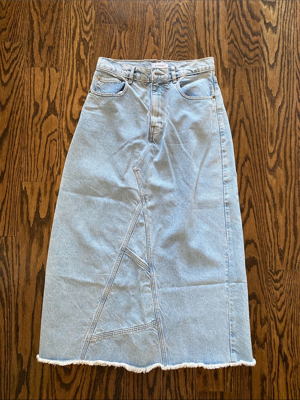 Spell Light Blue Denim Skirt with Distressed Hem